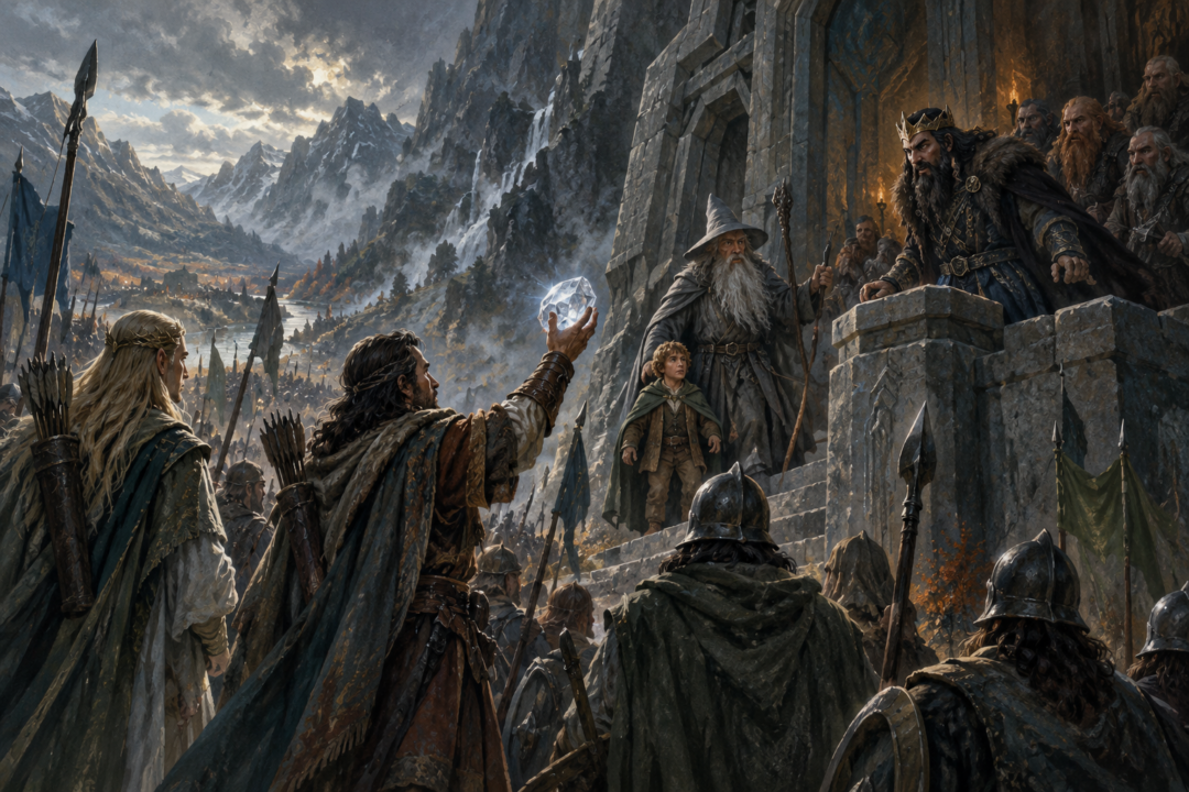 Gandalf reveals himself as Bard presents the Arkenstone to Thorin at the Gate of Erebor.