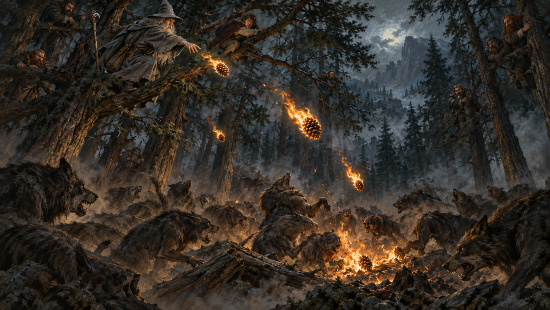 Gandalf throws burning pinecones at attacking Wargs while Bilbo and the dwarves shelter in tall pine trees.