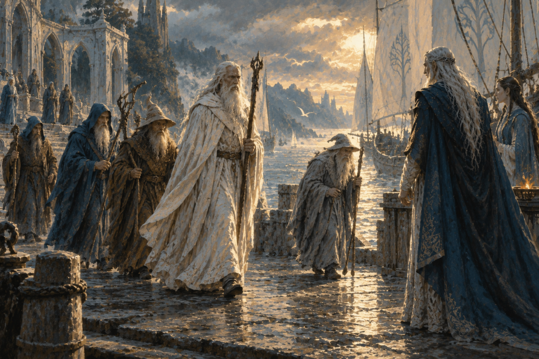 Grey-clad Gandalf arriving last among the Istari while Círdan watches at the Grey Havens