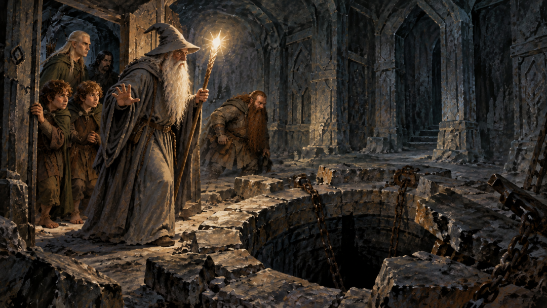 Gandalf cautiously enters an ancient Dwarven guardroom and discovers an uncovered well surrounded by broken chains and stone.