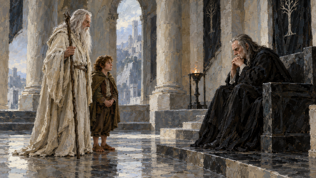 Gandalf and Pippin stand before Denethor in the great stone hall of Minas Tirith during their first audience with the Steward.