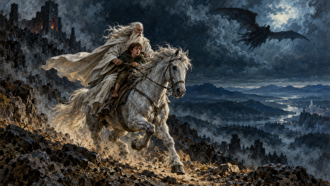 Gandalf and Pippin flee Dol Baran on Shadowfax beneath the ominous silhouette of a winged Nazgûl.