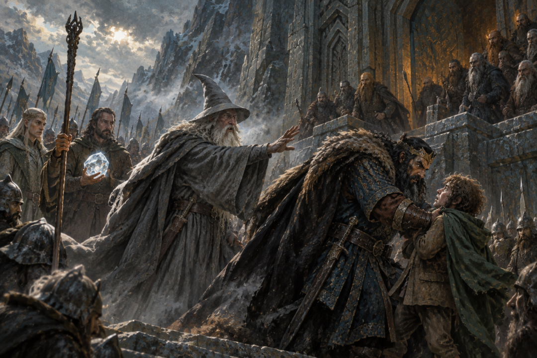 Gandalf intervenes as an enraged Thorin confronts Bilbo over the secret Arkenstone bargain.