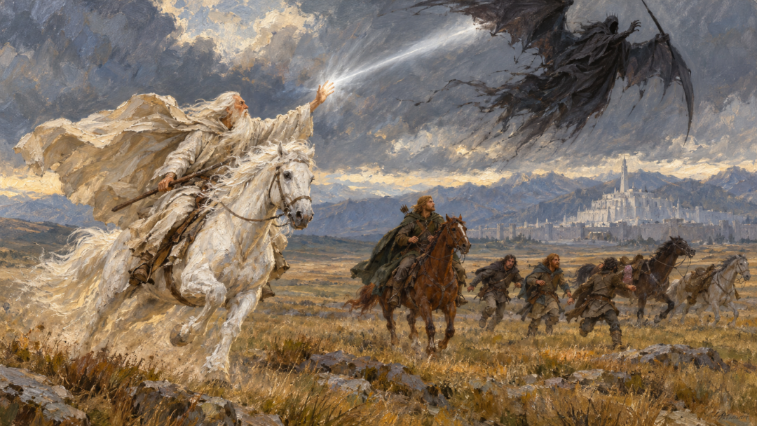 Gandalf rides Shadowfax from Minas Tirith and raises his hand against winged Nazgûl pursuing Faramir and his soldiers.