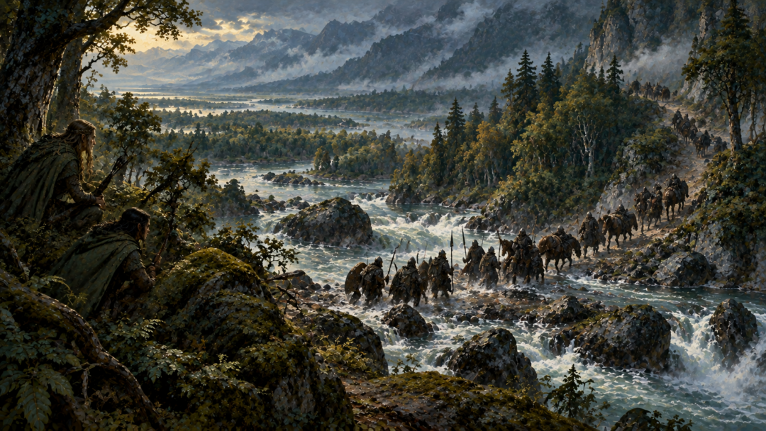 An ancient road approaching a stony river crossing near Gelion and the Ascar under the watch of hidden Green-elves.