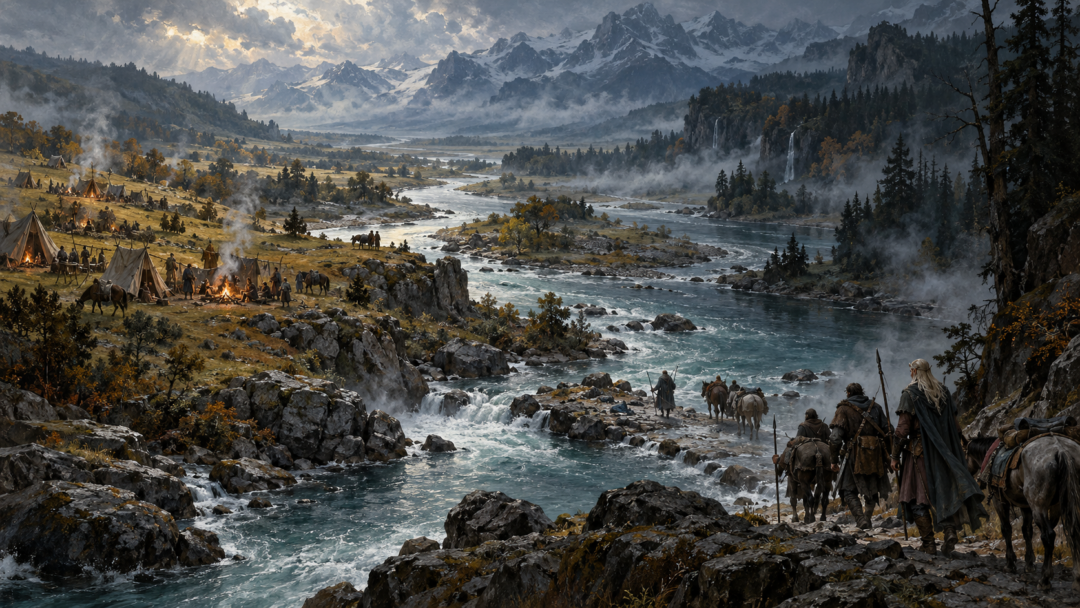 Gelion flowing between the open encampment country of Estolad and the wooded uplands of Thargelion