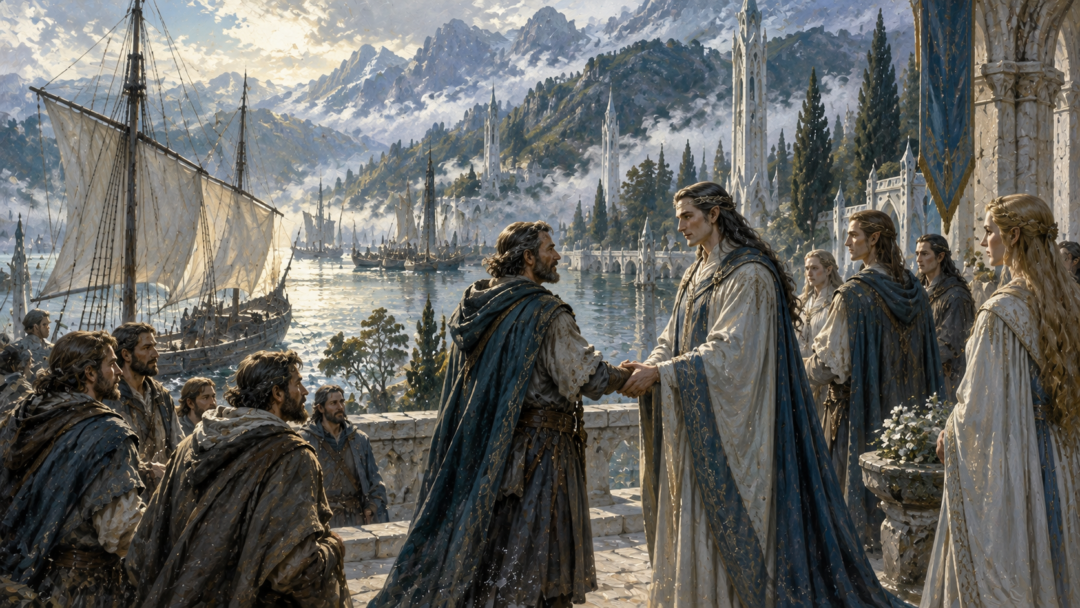 Gil-galad welcoming Vëantur and his Númenórean sailors on a terrace overlooking the Grey Havens of Lindon.