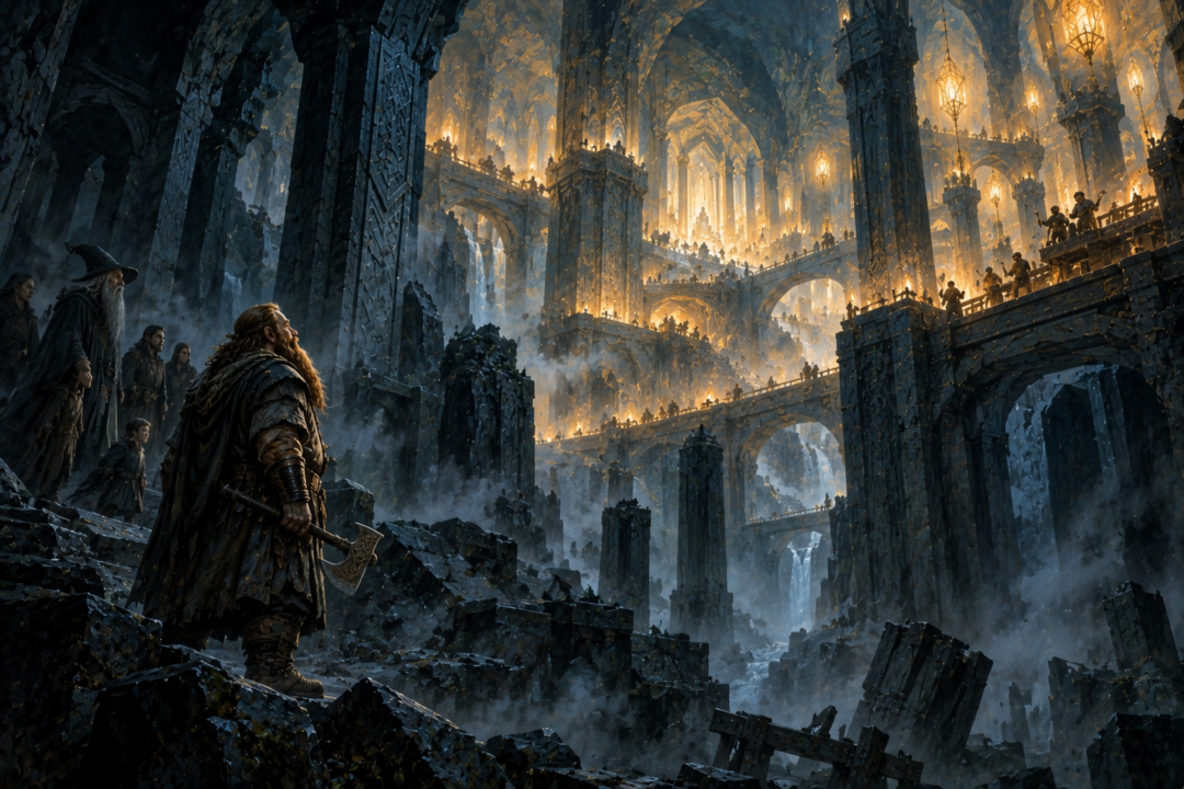 Gimli in the dark ruins of Moria remembering the light and splendour of ancient Khazad-dûm