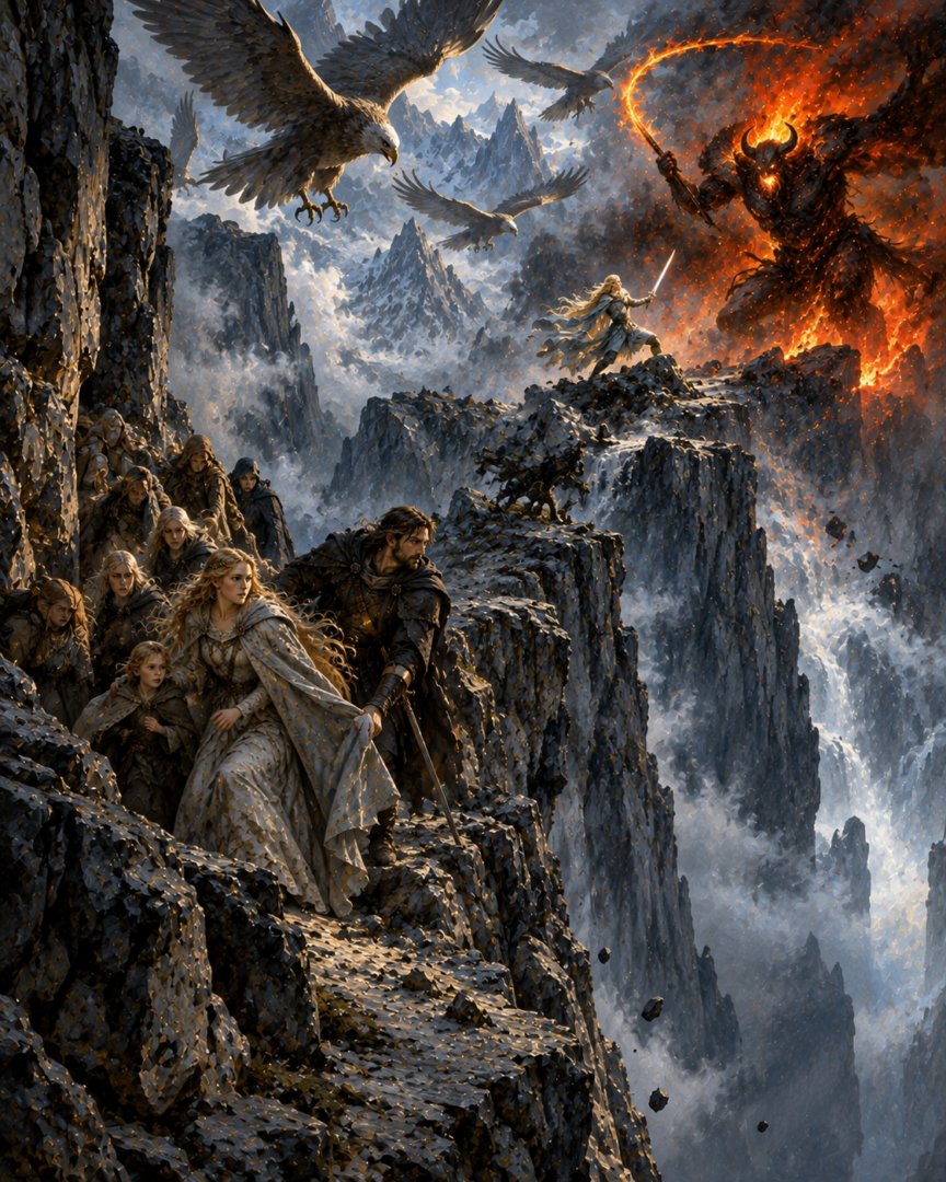 Glorfindel confronting a Balrog at Cirith Thoronath while refugees escape along a narrow mountain ledge beneath the Eagles.