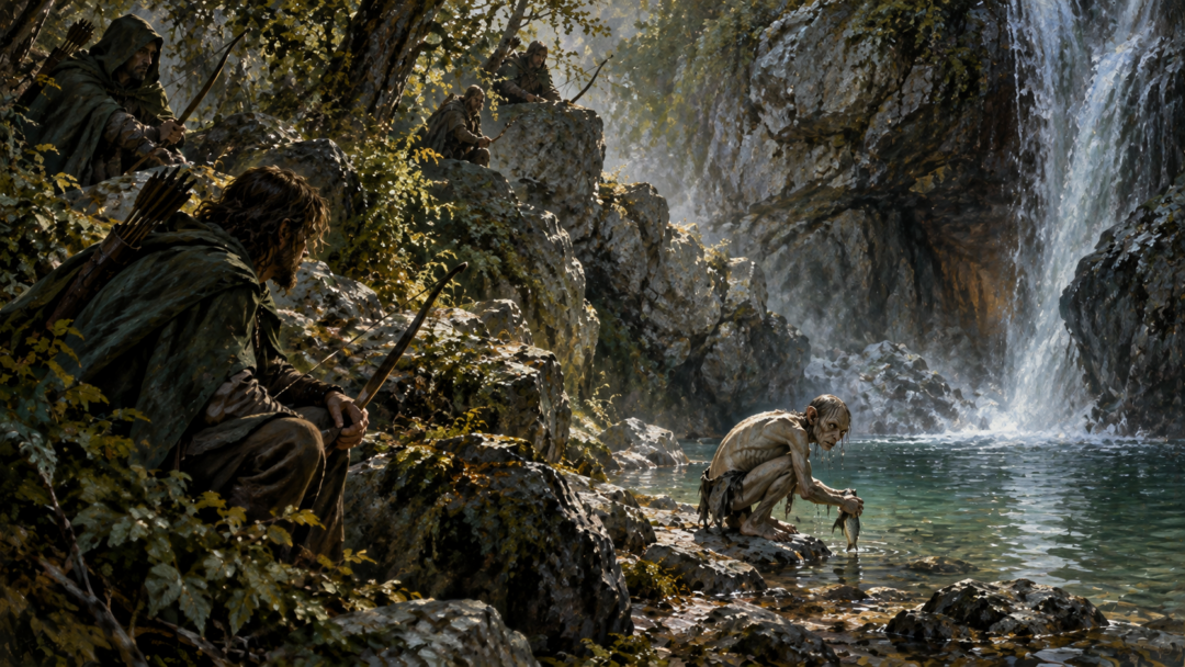 Gollum fishing in the Forbidden Pool beneath Henneth Annûn while hidden Rangers observe from the rocky surroundings.