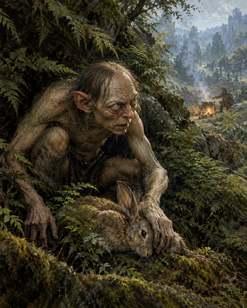 Gollum crouches beside a freshly caught rabbit in the ferns of Ithilien, illustrating his preference for uncooked meat.