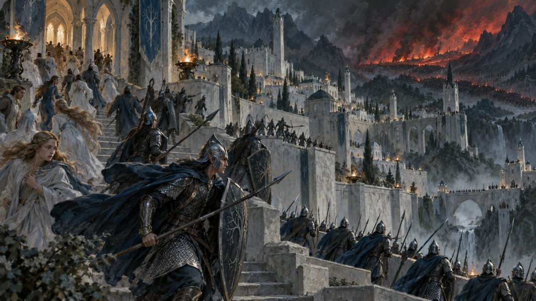 Armed defenders of Gondolin responding to the sudden northern threat as civilians withdraw from the dawn celebration.