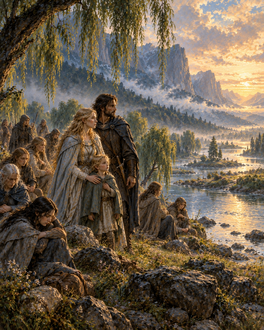 Idril, Tuor, Eärendil, and surviving exiles of Gondolin resting beside the River Sirion beneath willow trees.