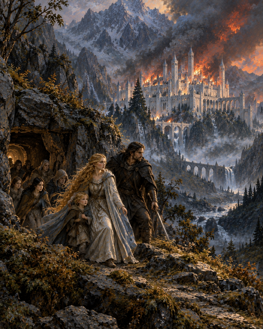 Refugees emerging from Idril's hidden passage into Tumladen as Gondolin burns beneath the surrounding mountains.
