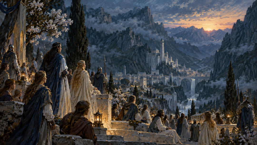 Elves of Gondolin gathered before sunrise during the Gates of Summer, looking east across the hidden valley.