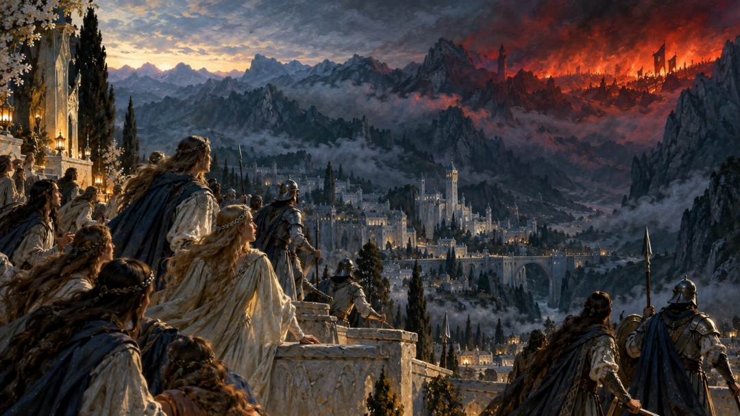 People of Gondolin turning from the expected eastern sunrise toward an ominous hostile glow in the north.