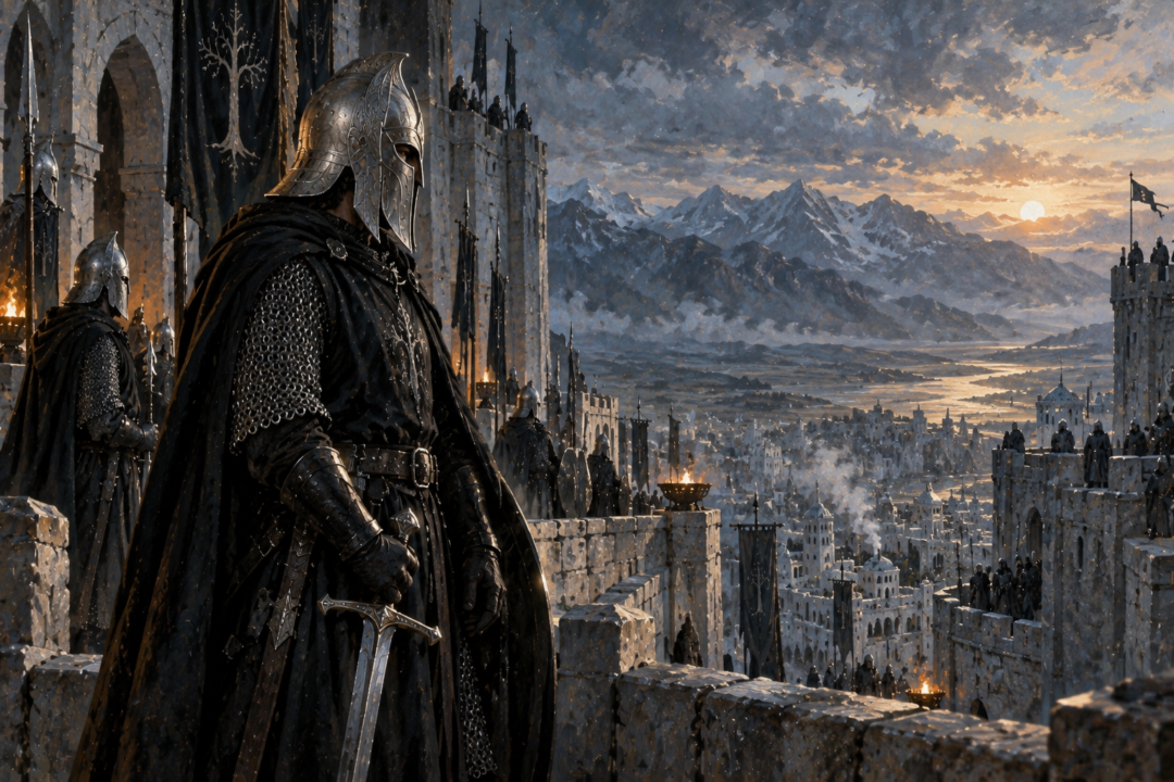 A Guard of the Citadel wears black mail and an ancient mithril helm on the walls of Minas Tirith.