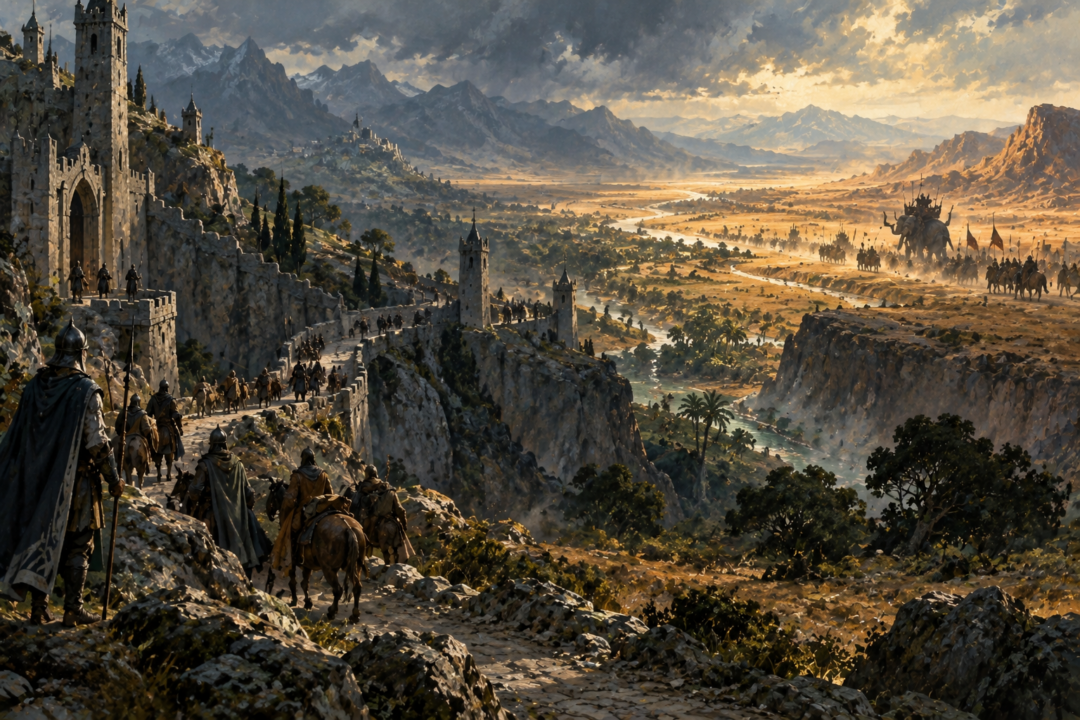 A symbolic landscape between Gondor and Harad showing travelers, soldiers and a distant mûmak across the long southern frontier.