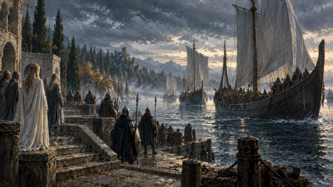 Ships carrying Gondor's northern relief expedition arriving at the Grey Havens after the kingdom of Arthedain had fallen.