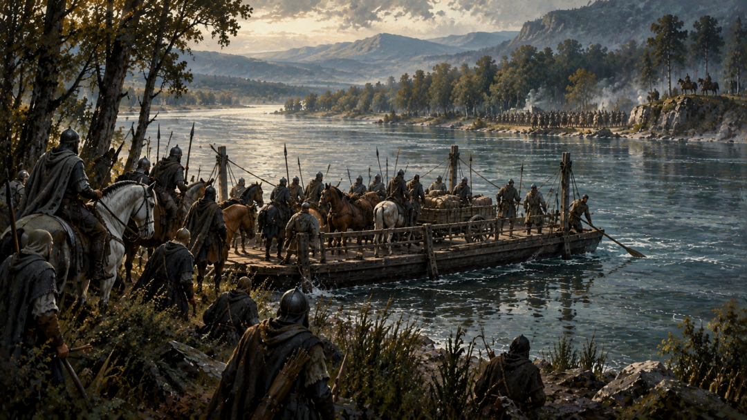 Soldiers of Gondor moving horses and supplies across the Anduin by ferry at a concealed river landing