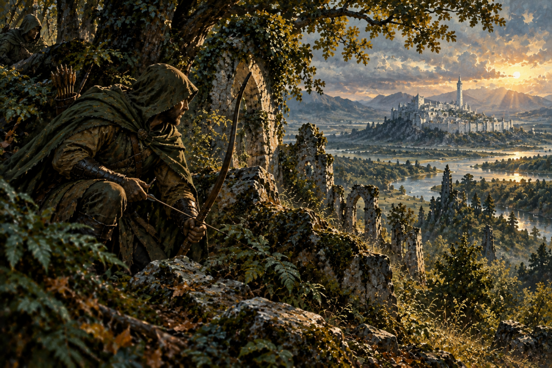 A Gondorian Ranger concealed among the trees of Ithilien with traces of Gondor visible in the landscape.