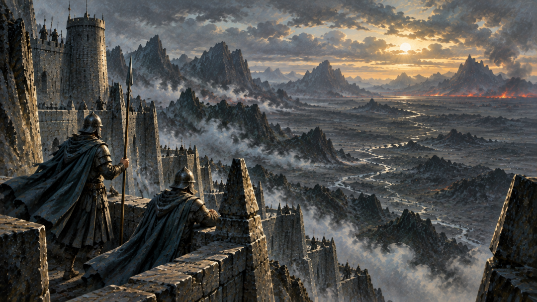 Two Gondorian sentries watching the interior of Mordor from the eastern battlements of the Tower of Cirith Ungol.