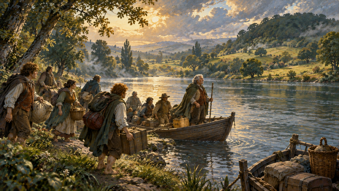 Gorhendad Oldbuck leading Hobbit settlers across the Brandywine River toward Buckland, where the family would become known as the Brandybucks.