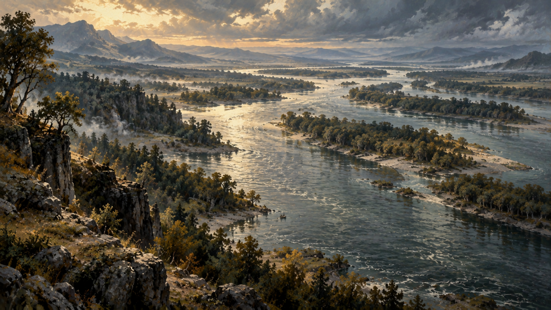 The vast Anduin flowing between wooded banks and low islands with tiny boats showing the scale of the Great River