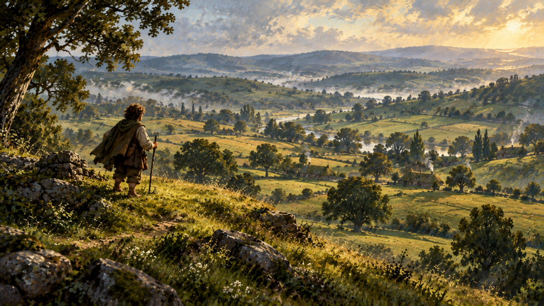 A solitary Hobbit overlooks the peaceful Greenfields of the Northfarthing, where an ancient battle became part of Shire history.