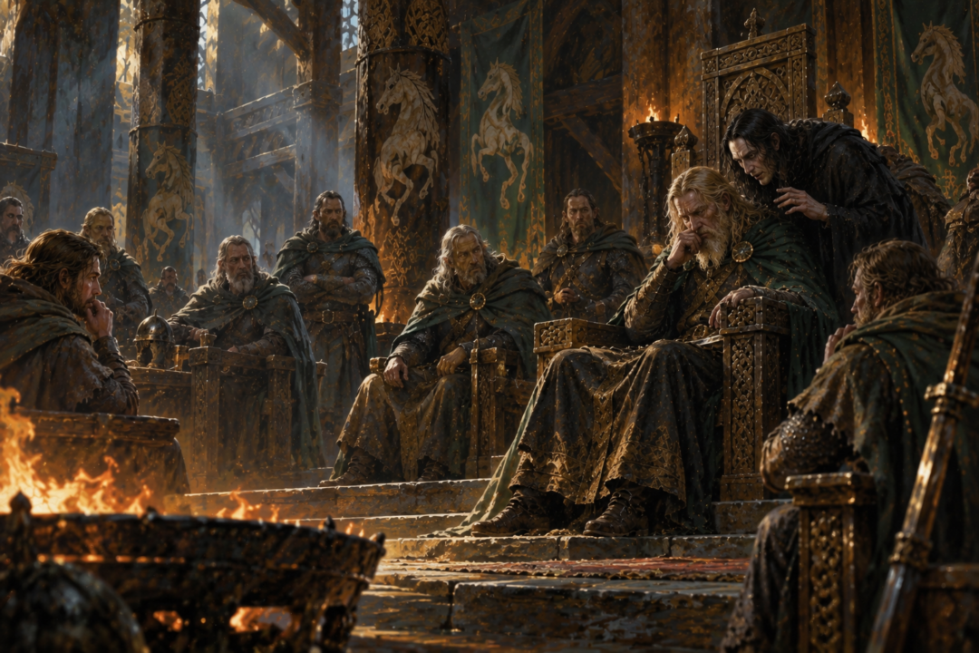 Gríma standing beside a weakened King Théoden during Rohan’s leadership crisis