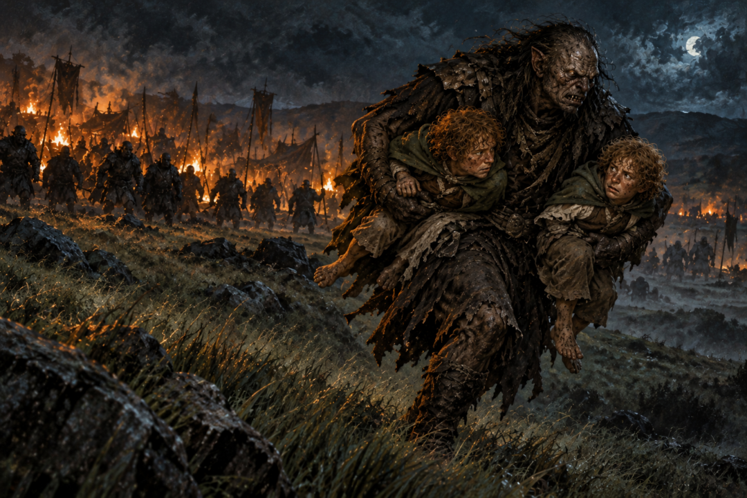 Grishnákh secretly carrying Merry and Pippin away from the main Orc company