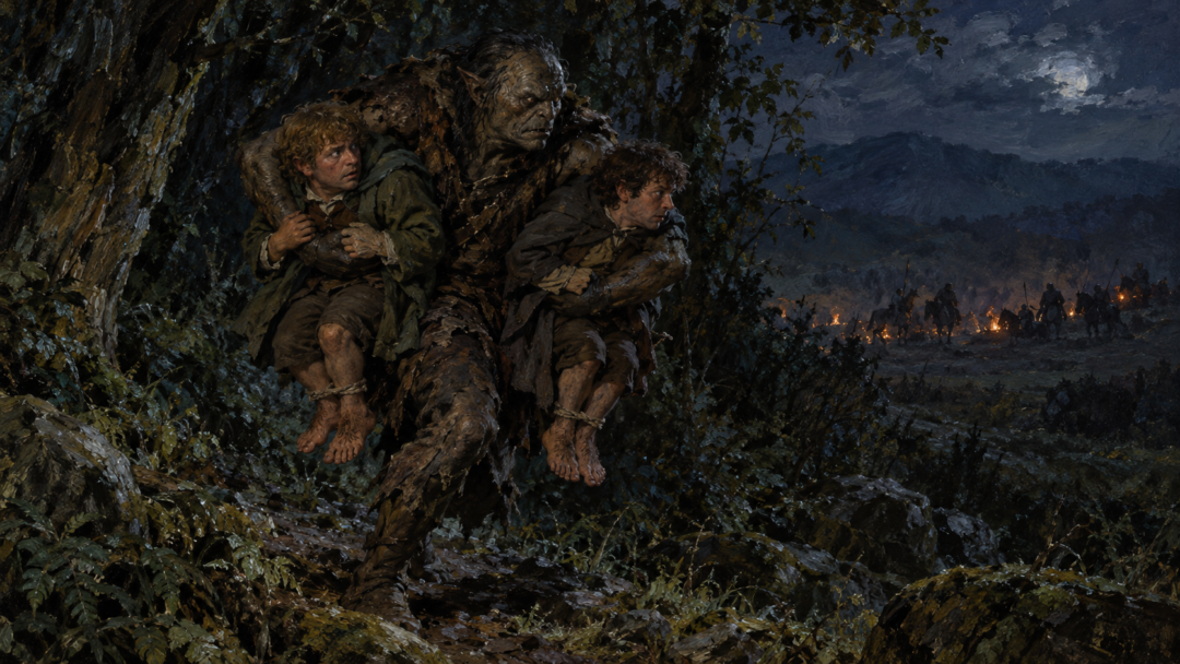 Grishnákh takes Merry and Pippin away from the main Orc company during the encirclement near Fangorn.