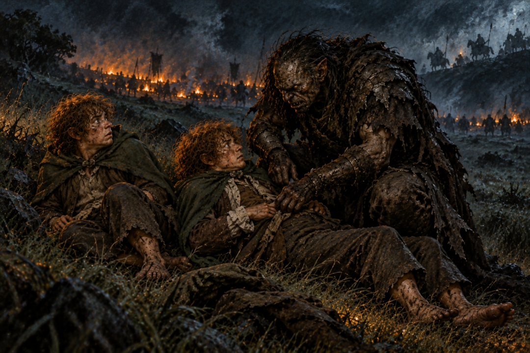 Grishnákh privately searching the captive Merry and Pippin while seeking the One Ring