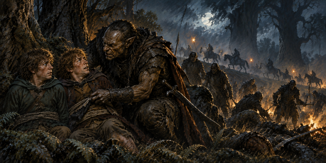 Grishnákh searches Pippin and Merry near Fangorn Forest at night while the surrounding Rohirrim threaten the Orc camp.