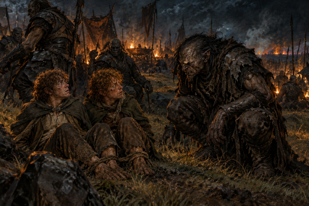 Grishnákh watching the captive Merry and Pippin suspiciously in the Orc camp near Fangorn