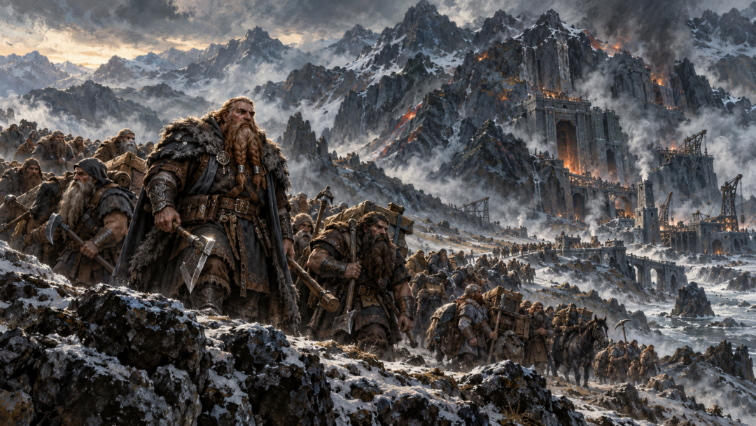 Grór leading a company of Durin’s Folk east to settle the Iron Hills in the Third Age.