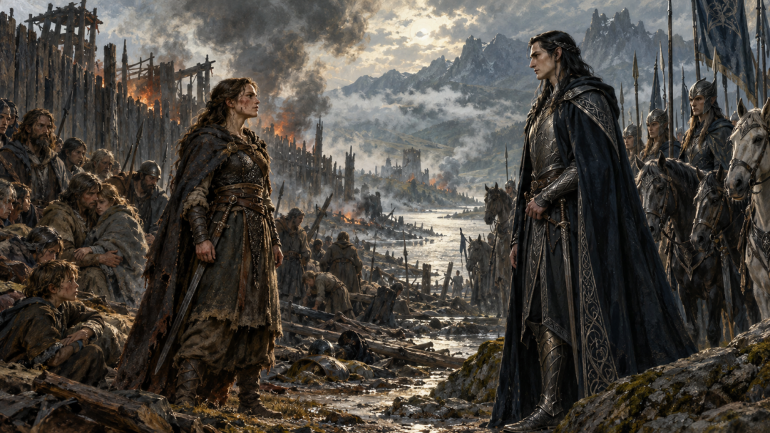 Haleth stands before the Elven prince Caranthir after the siege, refusing his offer of land and protection for her people.