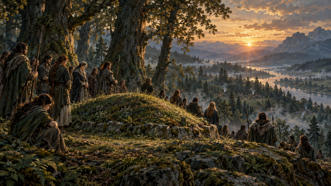 Members of the Haladin gather beside Haleth's green burial mound, the Ladybarrow, among the ancient trees of the Forest of Brethil.