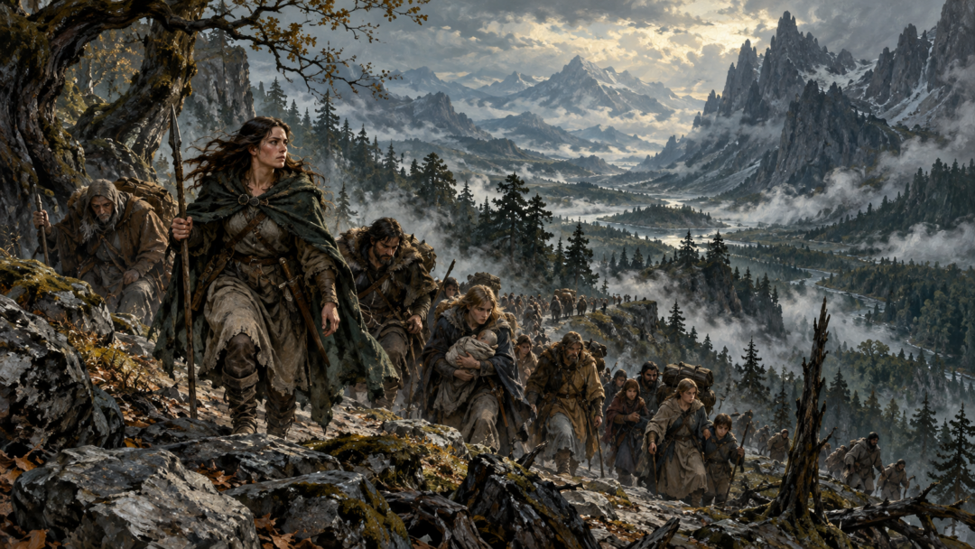 Haleth guides weary Haladin families through dangerous forests and mountain country during their westward journey across Beleriand.