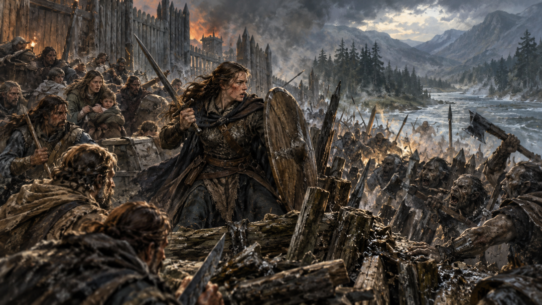 Haleth leads exhausted Haladin defenders against an Orc assault on their wooden stockade after the deaths of Haldad and Haldar.