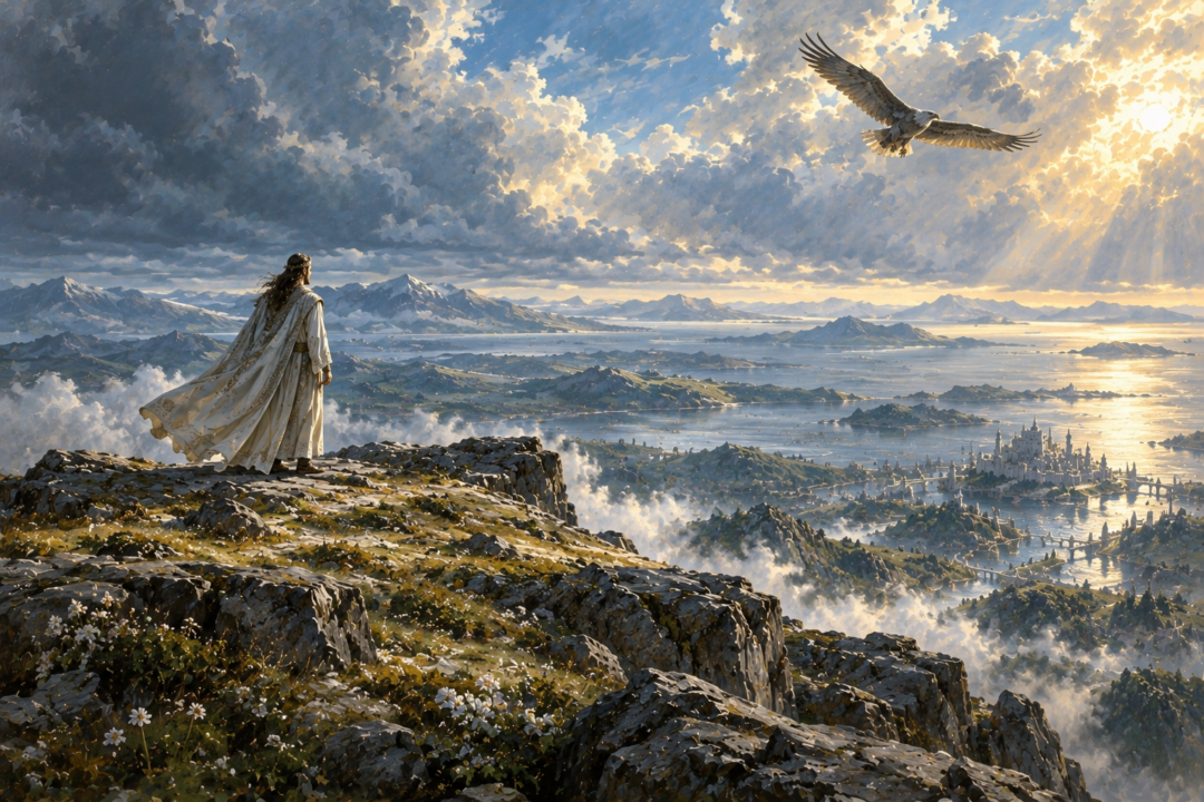 A Númenórean visitor standing in reverent silence on the open Hallow of Eru atop Meneltarma.
