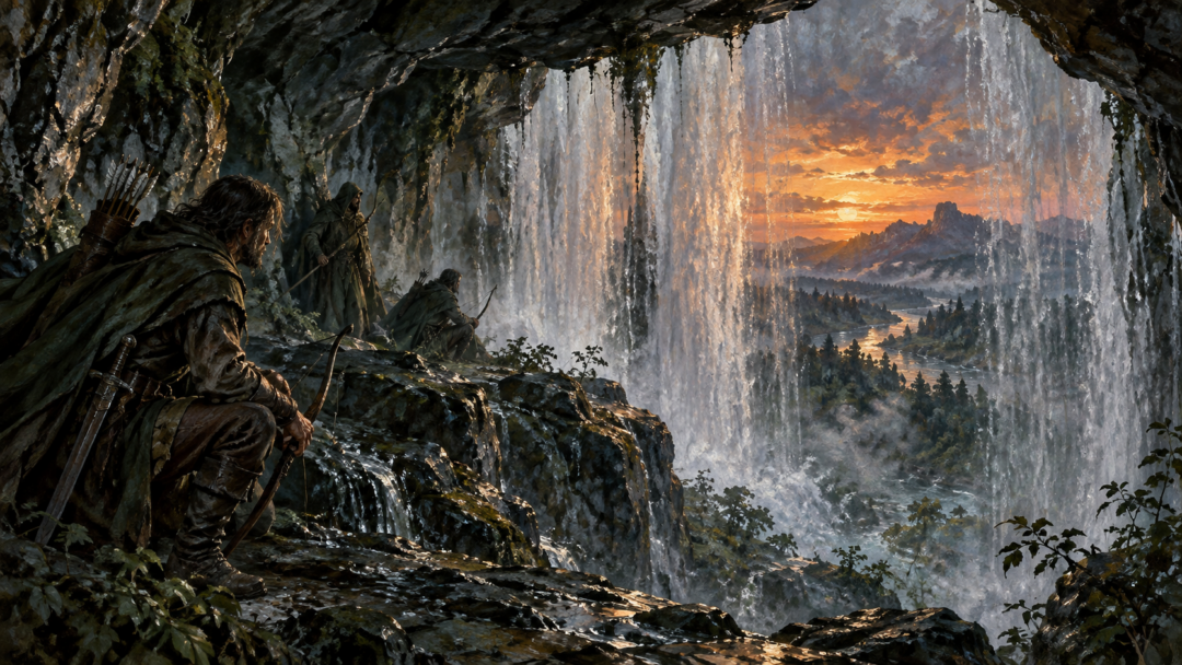 Hidden refuge of Henneth Annûn seen from behind its waterfall opening at sunset, with Rangers keeping watch inside the rocky shelter.