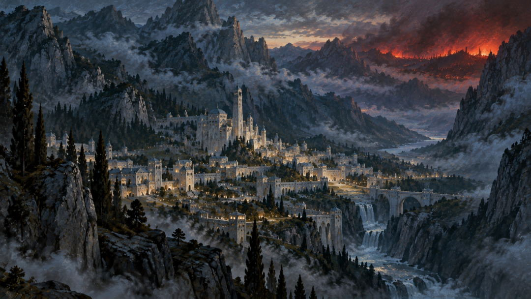 Gondolin in the mountain-ringed valley before dawn as an enemy force approaches from the northern quarter.