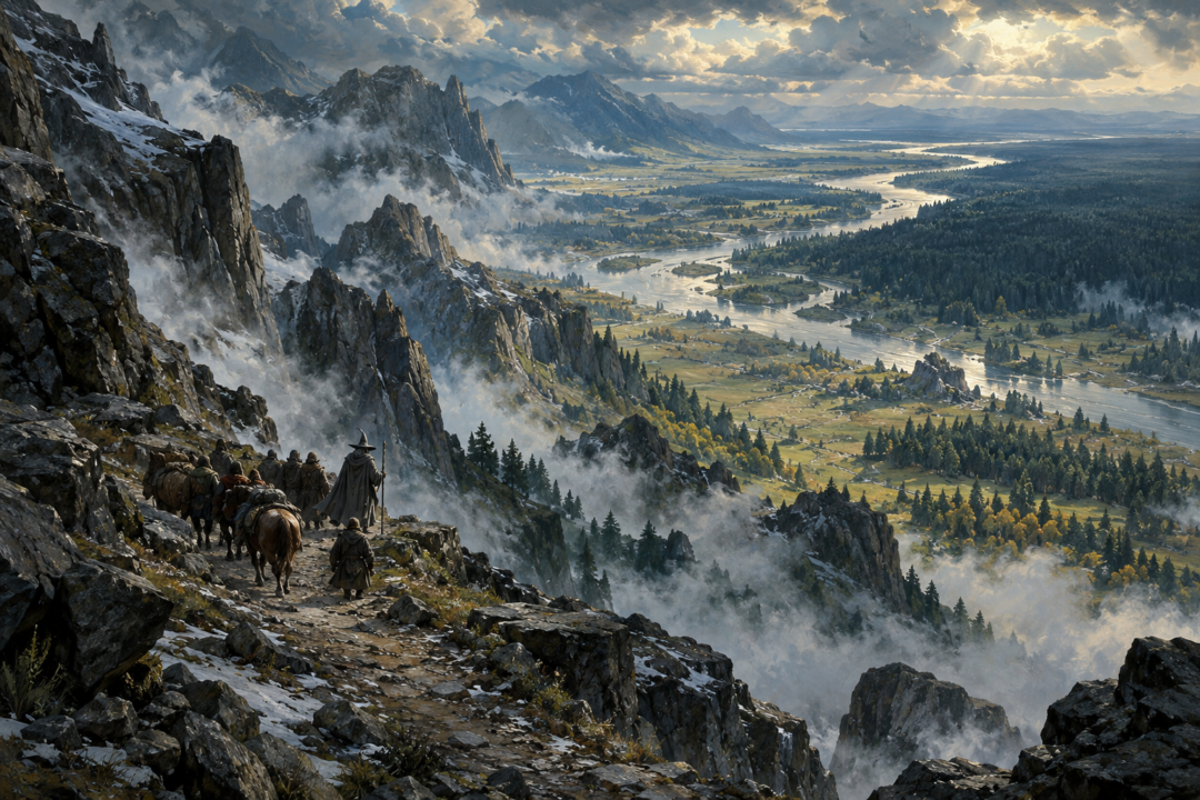 Ancient road descending from the High Pass toward the Anduin and Greenwood in Wilderland