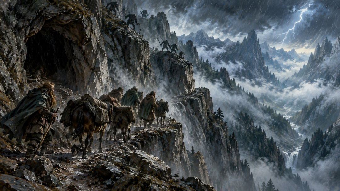 Travellers struggle through stormy mountain terrain near a dark cave while goblins watch from the rocks above the High Pass.
