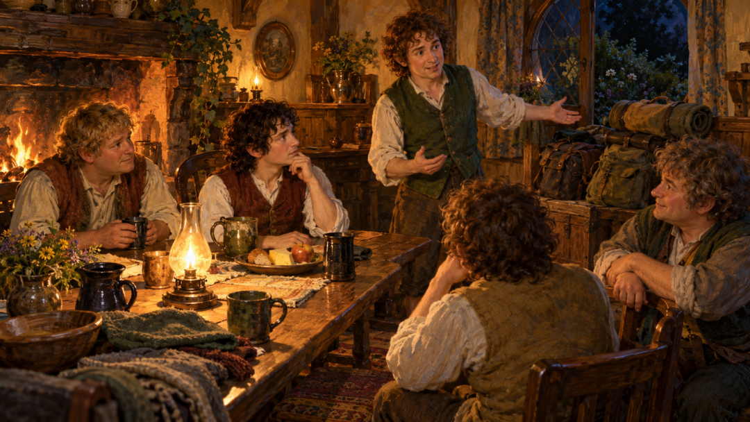 Illustration of five hobbit friends gathered around a table at Crickhollow, discussing arrangements beside a lamp and provisions.