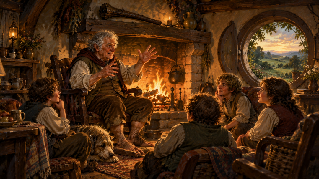 An elderly Hobbit tells younger Hobbits a story beside a warm hearth, symbolizing the preservation of Greenfields battle memories.