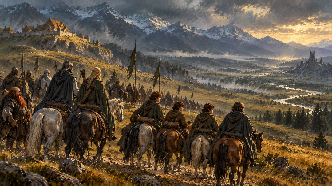 The four hobbits travelling north across Rohan after Théoden’s funeral as Edoras recedes behind them.
