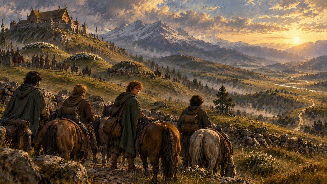 Frodo, Sam, Merry, and Pippin preparing to leave Edoras after Théoden’s funeral, with Merry looking back toward the royal barrows.