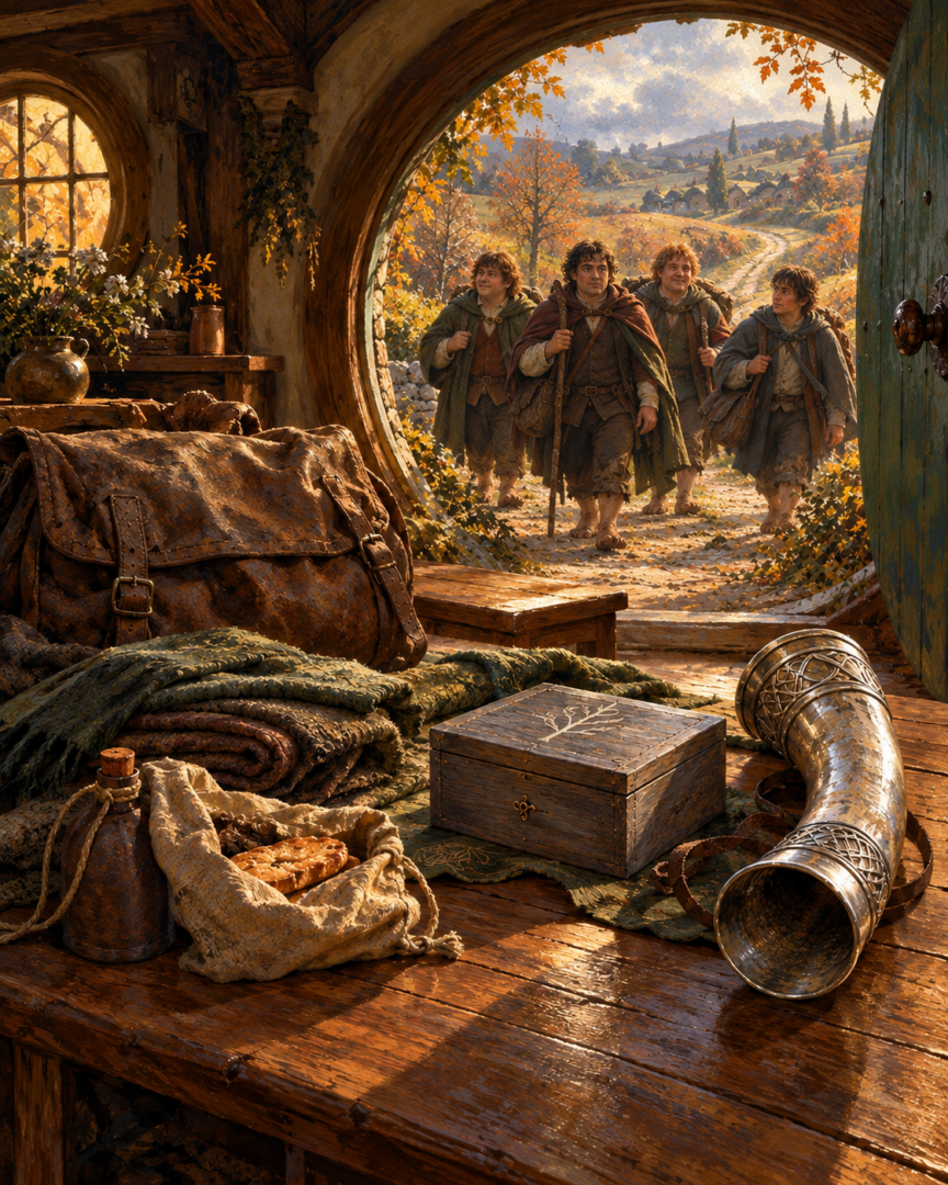 Travelling provisions, a wooden garden box, and a silver horn rest on a table as four hobbits return to the Shire.